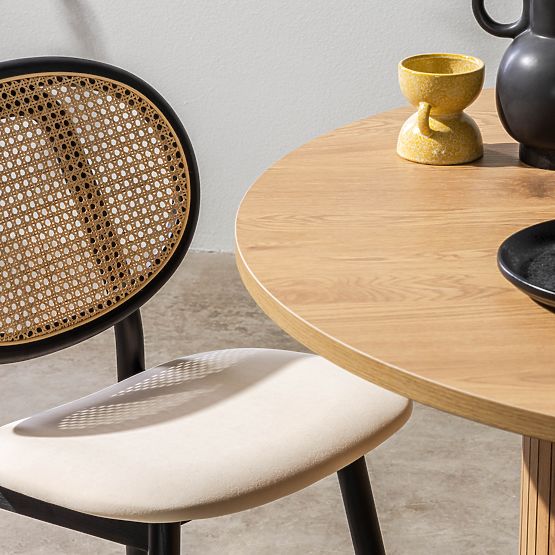 Wooden Chair Monet with Viennese Weave, Rattan, Velvet, Black/Beige