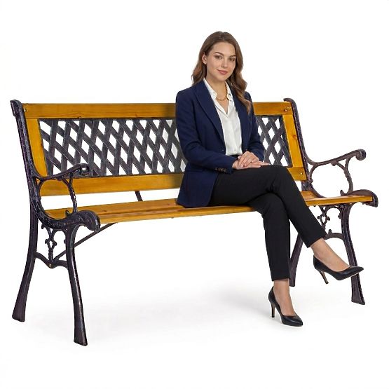 Wooden Garden Bench 126x51 cm with Lattice Backrest and Cast Iron Legs Park MultiGarden