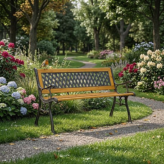 Wooden Garden Bench 126x51 cm with Lattice Backrest and Cast Iron Legs Park MultiGarden