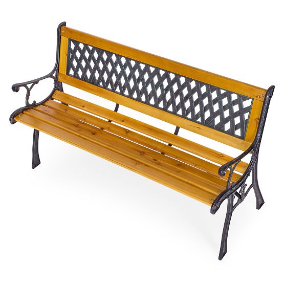 Wooden Garden Bench 126x51 cm with Lattice Backrest and Cast Iron Legs Park MultiGarden