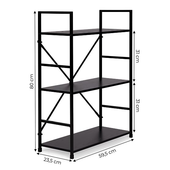 Wooden Shelf with Wide Metal Frame LOFT 3 Shelves Black