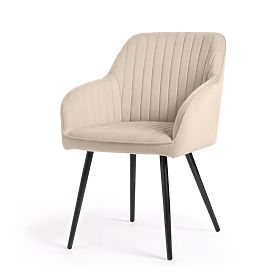 4x Velvet Upholstered Chair with Stitching Beige FLORENCE Black Legs