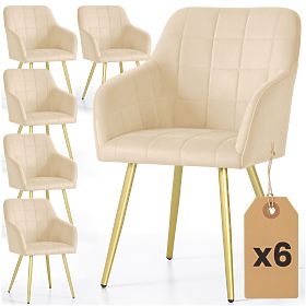 6x Upholstered Chair with Square Quilting Beige LUXANO Gold Legs