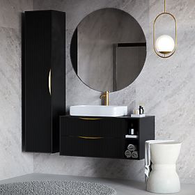 Bathroom Cabinet Column Avila, Grooved, Gold Handle, Black, lectus