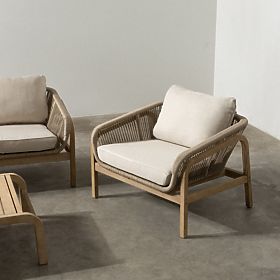 Belpasso Garden Furniture Set, Wicker, FSC Eucalyptus Wood, Teak Look, Light Beige