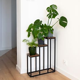 Black Plant Stand Loren Rustic Aged Oak