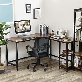 Brown Corner Computer Desk with Steel Frame and Two Shelves, LEOBERT