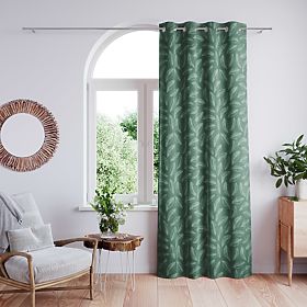 CALM Curtain Bottle Green Color Printed Plant Motif Classic Style Silver Metal Rings