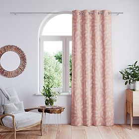 CALM Curtain Powder Pink Color with Printed Plant Motif Classic Style Silver Metal Eyelets