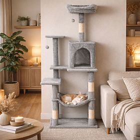 Cat Scratching Post, Bed, Pole, Scratching Tower, House 146 cm Gray Petsi