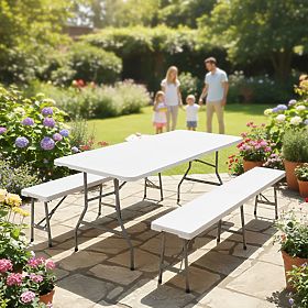 Catering Set FETA WHITE Table + 2 Benches, Halmar