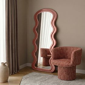 Decorative Hanging Mirror in Wooden Frame Vale 177x75 cm, Wavy, Organic Shape, Mocha Mo