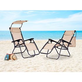 Garden Beach Lounger with Adjustable Backrest and Movable Canopy Modernhome - Beige