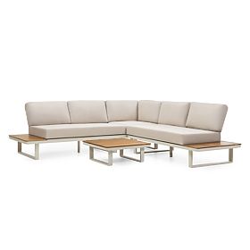 Garden Corner Sofa with Table Porticato, Acacia Wood FSC, Teak Look, Light Beige