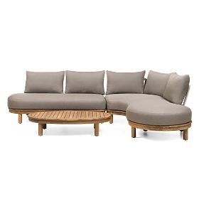 Garden Corner Sofa with Table Summerland, Acacia Wood, Teak Finish, Brown-Grey, Rounded Shape