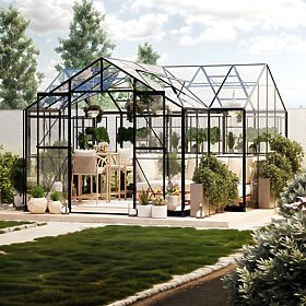Garden Orangery Royal Green Standard 16.6 m² with Base, Tempered Glass 4 mm, Aluminum, Black