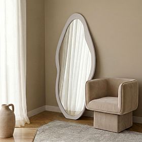 Hanging Mirror in Wooden Frame Mara, 180x80 cm, Irregular Shape, Cream