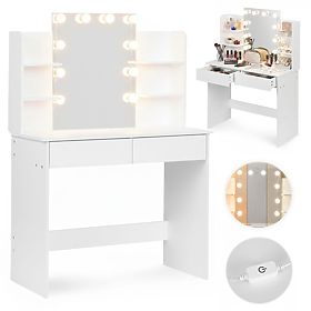 Large Cosmetic Vanity Table with Mirror and LED Lighting 3 Colors Shelves Drawers ModernHome