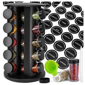 Rotating Spice Rack ROTOR BLACK 20 Jars + 72 Labels