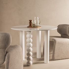 Round Table Bolla 100 cm, Beech Veneer, White, Decorative Leg with Spheres