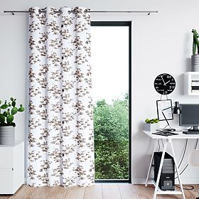 SERENITY Curtain White Color with Printed Plant Motif Classic Style Silver Metal Eyelets