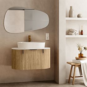 Set of Cabinet with Countertop and Sink La simplicite 80 cm, Grooved, Rounded, Glit White/Oak