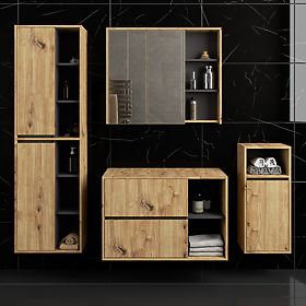 SET OF HANGING BATHROOM FURNITURE WITH OPENINGS VAMI OAK ARTISAN / GRAPHITE GRAY