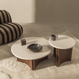 Side Table Marlo II 50 cm, Cream White/Walnut, Microcement