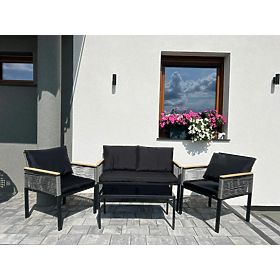 Small Balcony Furniture Set (2 x Chair, Sofa + Table) CORTO Black Aluminum, Gray Technorattan