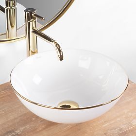 Stella White Countertop Ceramic Basin with Gold Rim