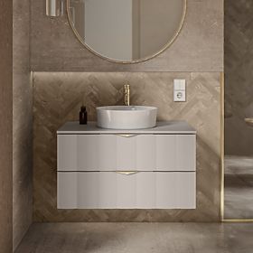 Vanity Cabinet for Countertop Omi 80 cm, Wavy Front Panel, Gold Handles, Cashmere Beige