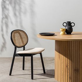 Wooden Chair Monet with Viennese Weave, Rattan, Velvet, Black/Beige